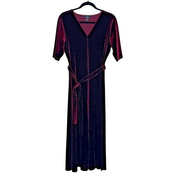 MSK Velvet Maxi Dress V-Neck Short‎ Sleeve Belted Size 12 Burgundy Red Goth Y2K - Picture 1 of 8